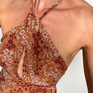 Reformation wrap halter top, backless, orange floral